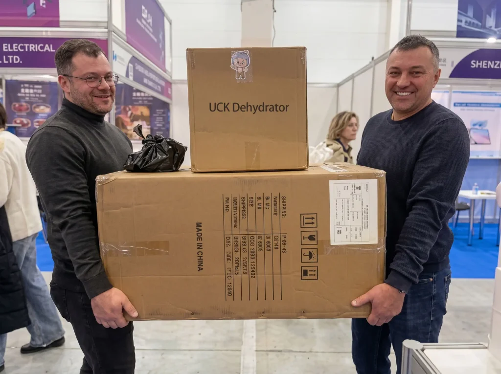 Eastern European bulk buyers purchasing wholesale food dehydrators from UCK manufacturer at IEAE Russia exhibition.